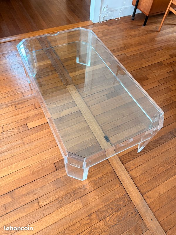TABLE BASSE OCTOGONALE en bois / verre / cannage _ longueur 95 cm EUR 120,00 - FR