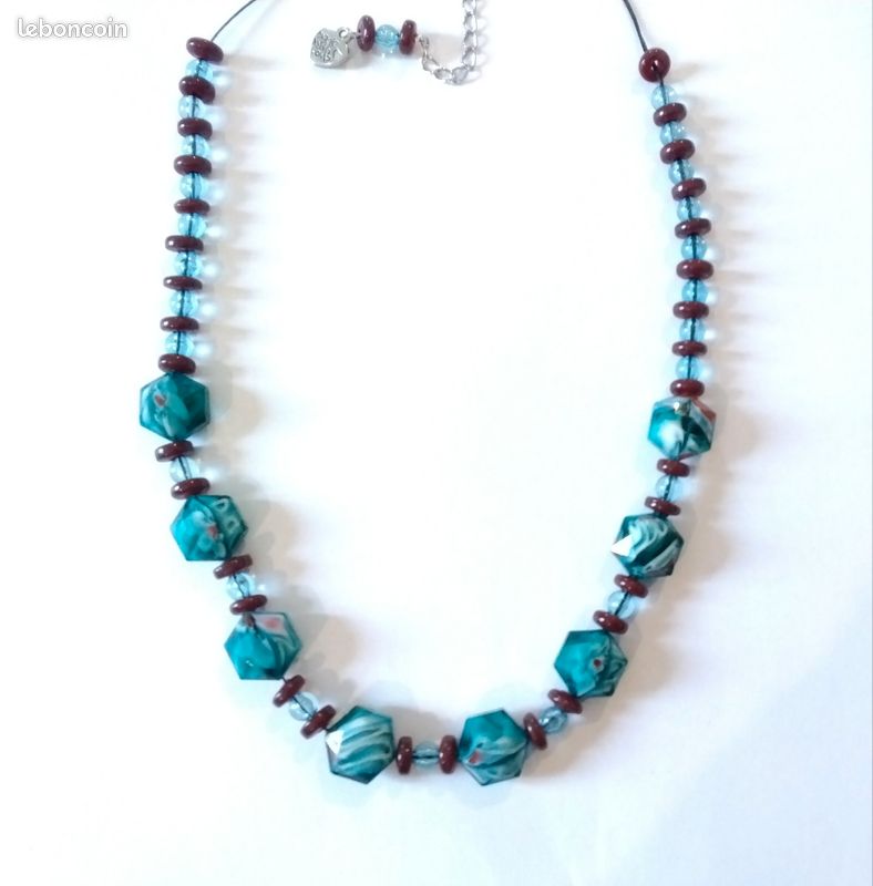 Collier Perles De Verre Roses, Bleues, Vertes - Vintage Réglable - Très Bon état