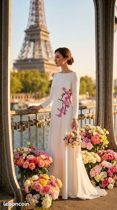 Robe de mariée en crepe avec dentelle, style boheme, NEUVE avec manches longues, taille 36 (image 1)