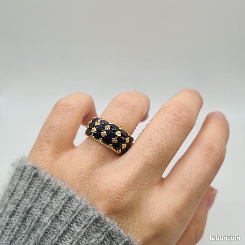 Bague En Or Jaune 18 Carats Sertie De Saphirs Ovales Et Diamants - Taille 52.5, Occasion, Pierres Naturelles
