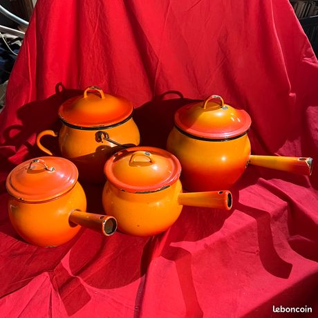 Ancienne Casserole émaillée Orange - Tôle émaillée Vintage - Gaz - Occasion