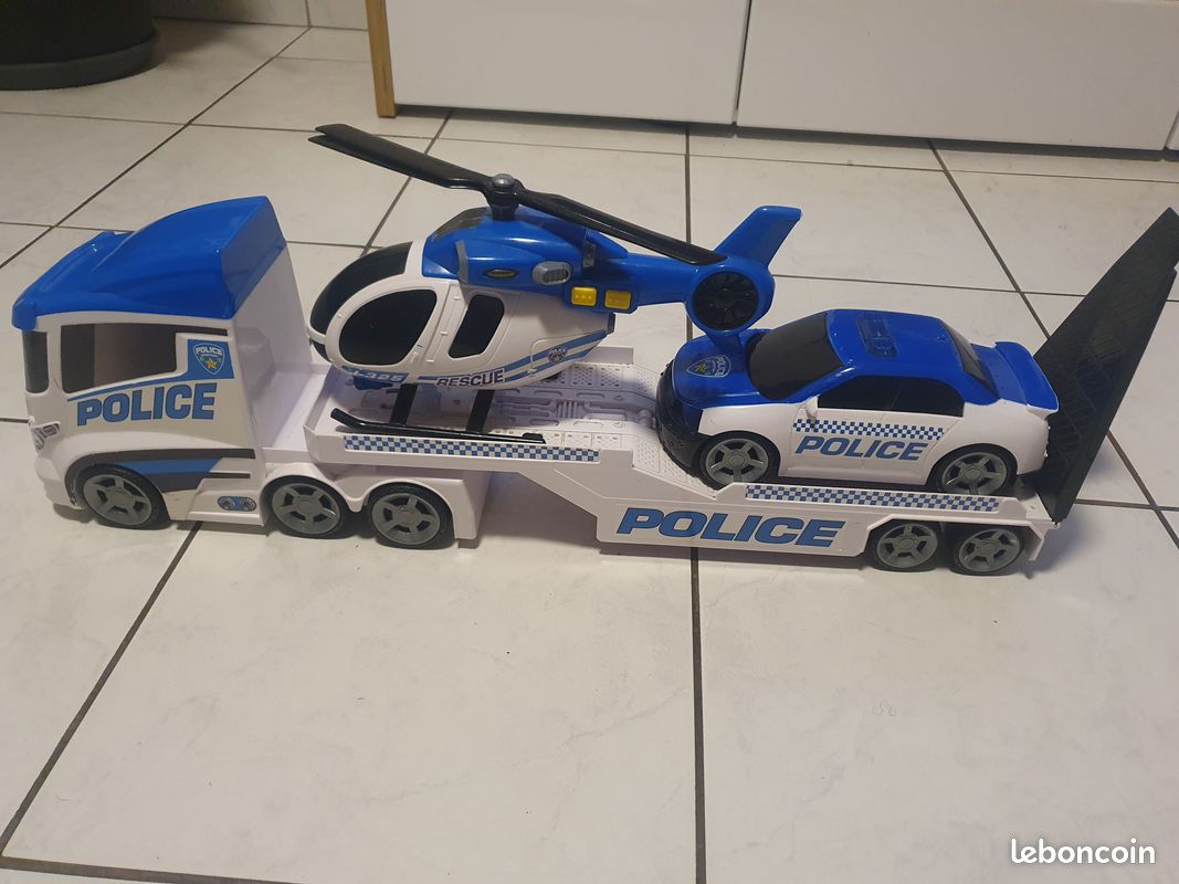 Teorema Giocattoli - Tir, Camion Giocattolo per Bambini, con Elicottero e Auto, Set di Veicoli con Luci e Suoni, Movimento a Frizione, Scala 1:16, Tema Polizia