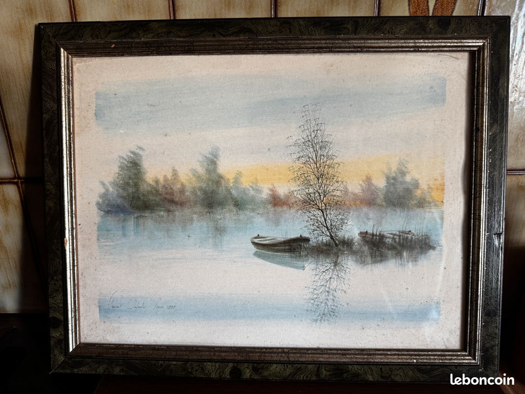 Tableau aquarelle vintage "Barque sur le lac" signé et daté Paris 1989 - 36x46 cm (image 1)