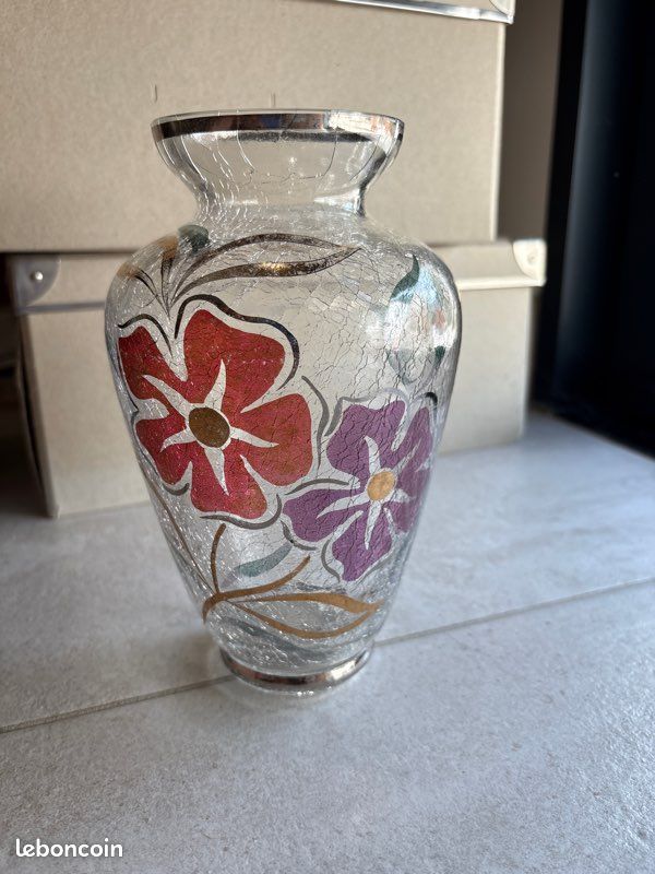 Vase verre craquelé motif fleurs (image 1)