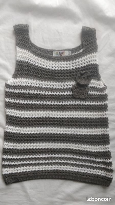 Haut rétro crochet ajouré gris anthracite blanc rayé fleur Vintage (image 1)