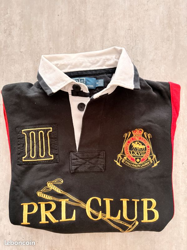 Polo Ralph Lauren PRL Club Rugby Shirt Custom Fit S Noir Rouge Brodé Vintage (image 3)