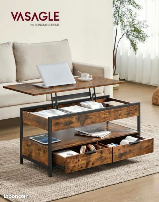 Table basse relevable et tiroirs, couleur bois (image 1)