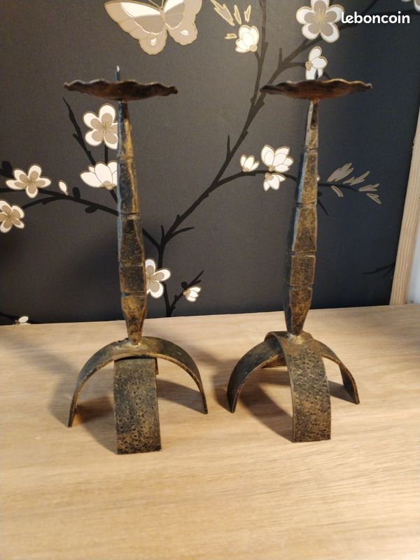 Bougeoir En Fer Forgé Vert Foncé – Finlande – Vintage – Fait Main – Très Bon état