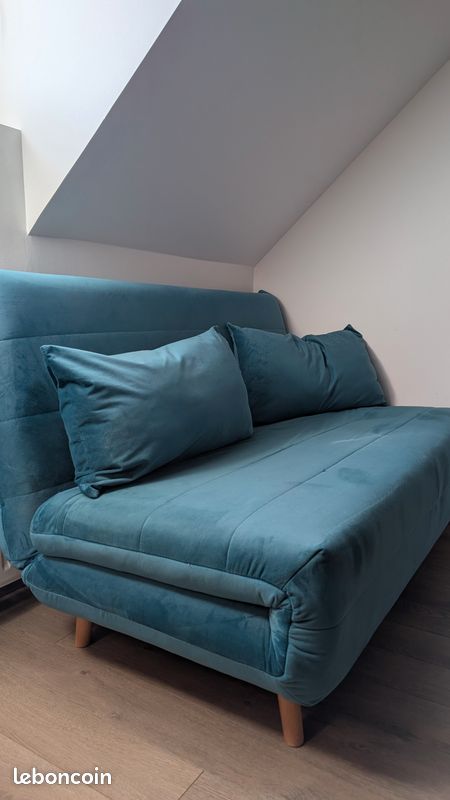 Banquette convertible 2 places velours bleu pétrole – Très bon état (image 9)