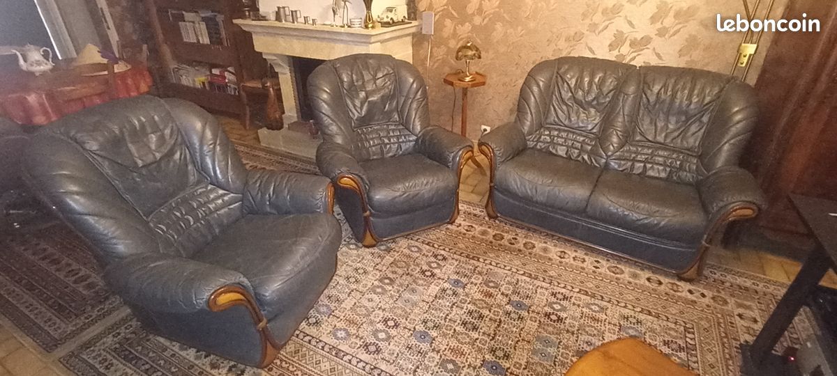 Canapé + 2 fauteuils cuir vachette (image 1)