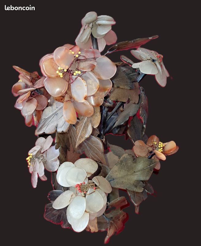 Exceptionnel ancien grand arbre en fleurs 29 cm en pierre dures cache pot en jade artisanat chinois en parfait état (image 7)