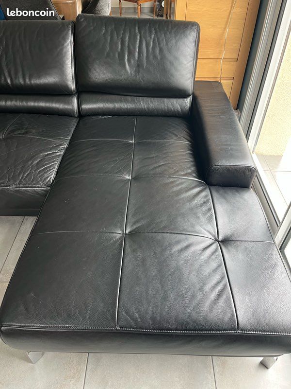 Canapé en cuir noir avec méridienne (image 4)
