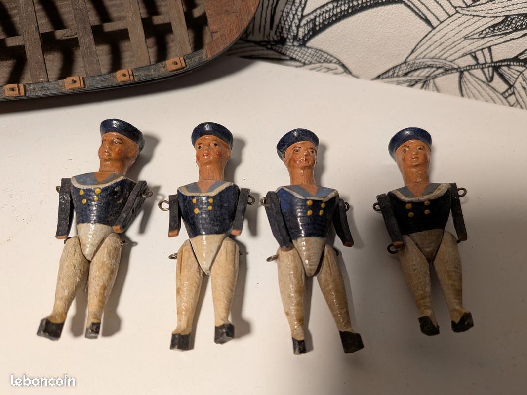 BARQUE CANOT CHALOUPE et figurine marin articulé RADIGUET - jouet ancien en bois EUR 35,06 - FR
