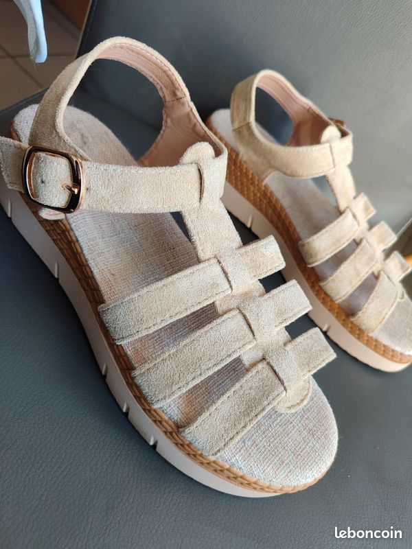 Sandales Compensées Beige Gemo - Pointure 40, Tissu Fantaisie, Neuves