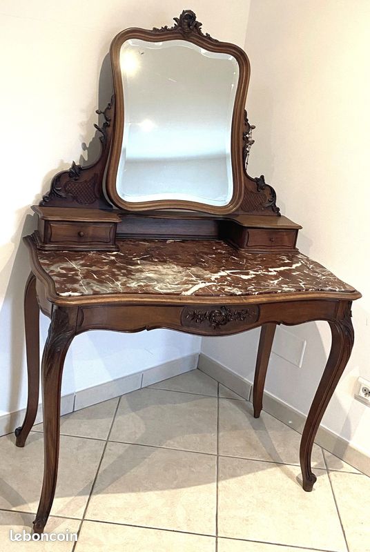 Coiffeuse Ancienne Romantique – Bois Et Marbre – Miroir Ovale Et 3 Tiroirs – Déco Chambre