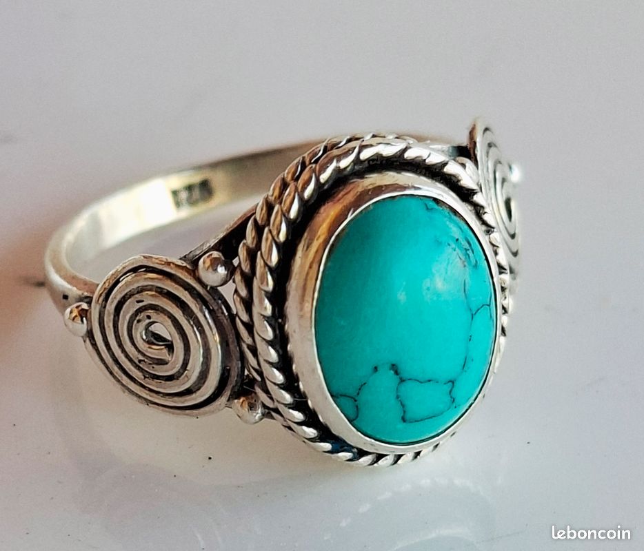 Bague vintage argent massif 925 avec pierre turquoise Motif spirale Shabby Chic Bohème (image 9)