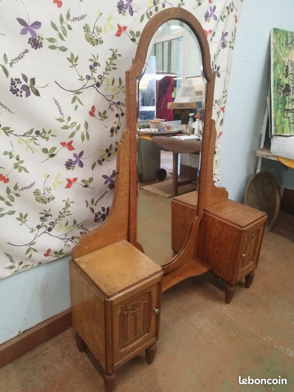 Coiffeuse psyché Art déco en chêne massif un miroir biseauté pivotant et un petit meuble de chaque côté (image 5)