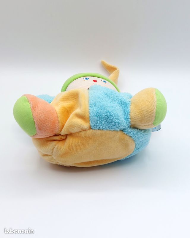Ancien doudou balle lapin jaune bleu rose vichy PLAYSKOOL