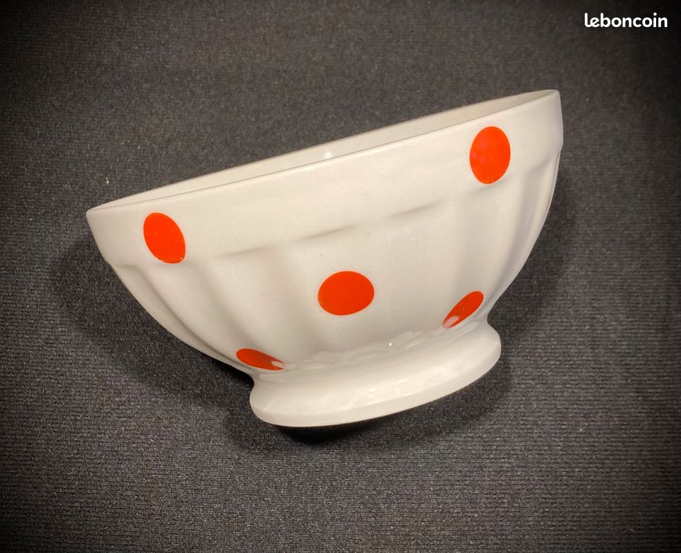 Rare bol vintage blanc poids rouges porcelaine F. Chauvigny - Arts de la table