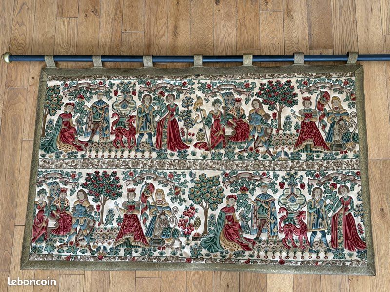 Ancienne Tapisserie Murale Italienne - Famille Rassemblement - Coton Multicolore