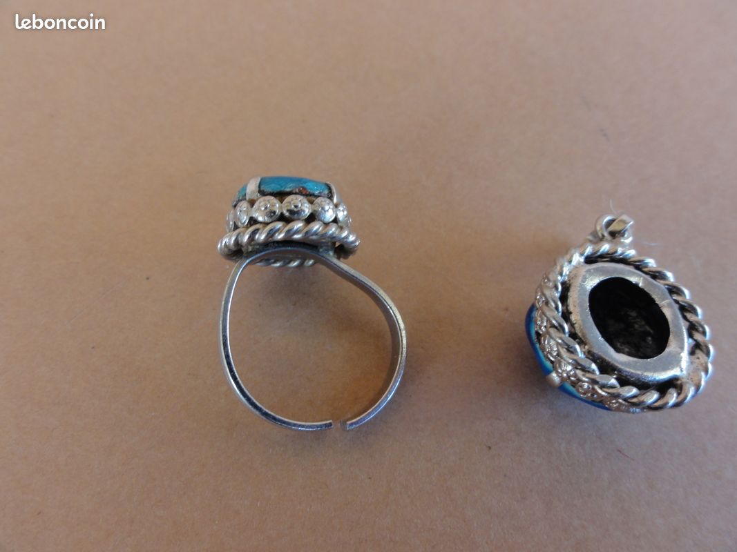 Bague Réglable Émail Bleu Mauve Limoges - Sur Paillon D'Argent - Occasion