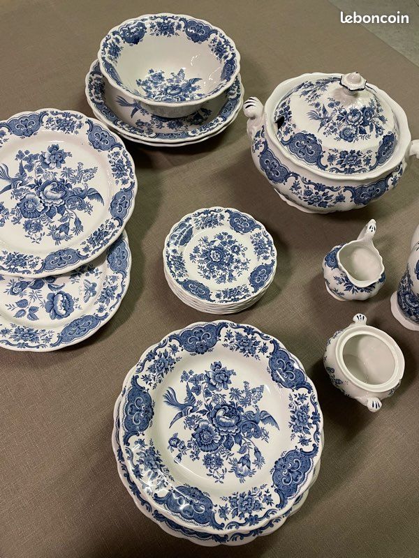 Saladier Plat Creux Ancien Porcelaine Blanche Fleurs Bleues - Rétro