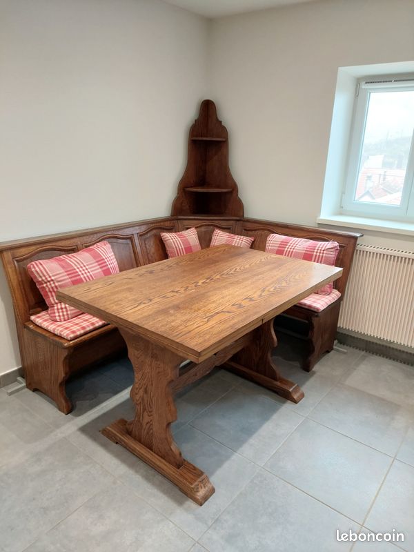 Beau banc angle avec table à rallonge et meuble d'angle, vaisselier en 2 parties, meuble d'angle en 2 parties avec vitrine haute (image 1)