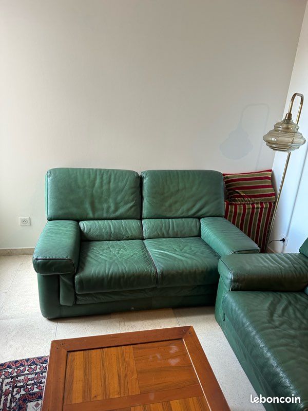Canapé Roche Bobois En Cuir Vert Bouteille - 2 M, Excellent état, 3 Places