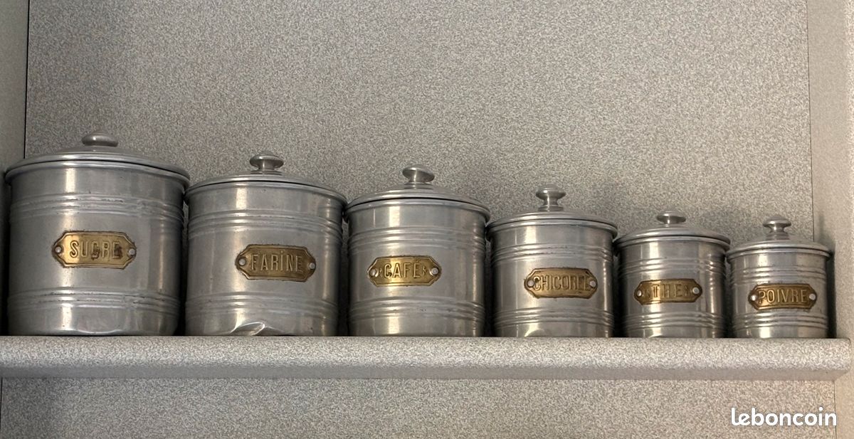 6 pots épicerie , en fer blanc , des années 1940 (image 1)