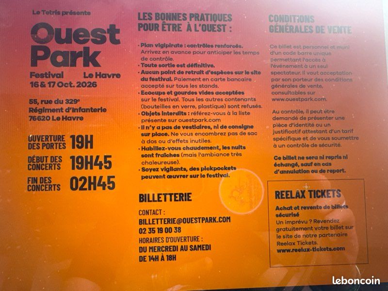 Vends place pour le festival ouest Park du 16 au 17 octobre 2026 (image 1)