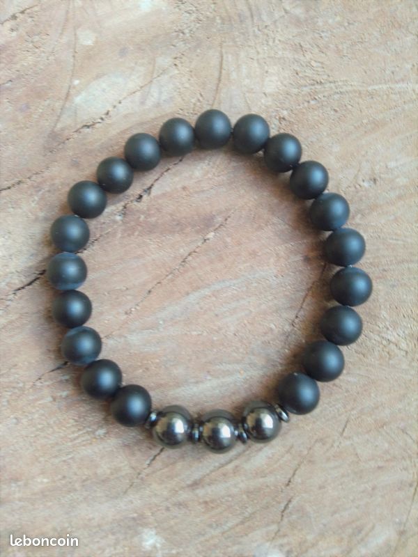 Bracelet extensible pierres naturelles agate noir, hématite (magnétique) (image 1)