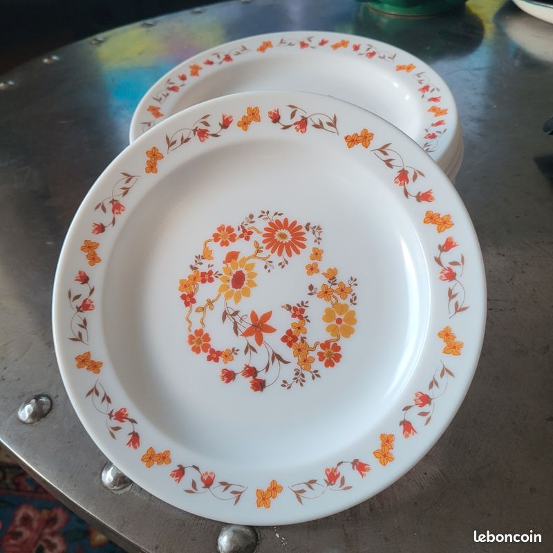 Lot De 5 Assiettes Creuses Arcopal Vintage - Décor Champêtre Années 70 - Blanc