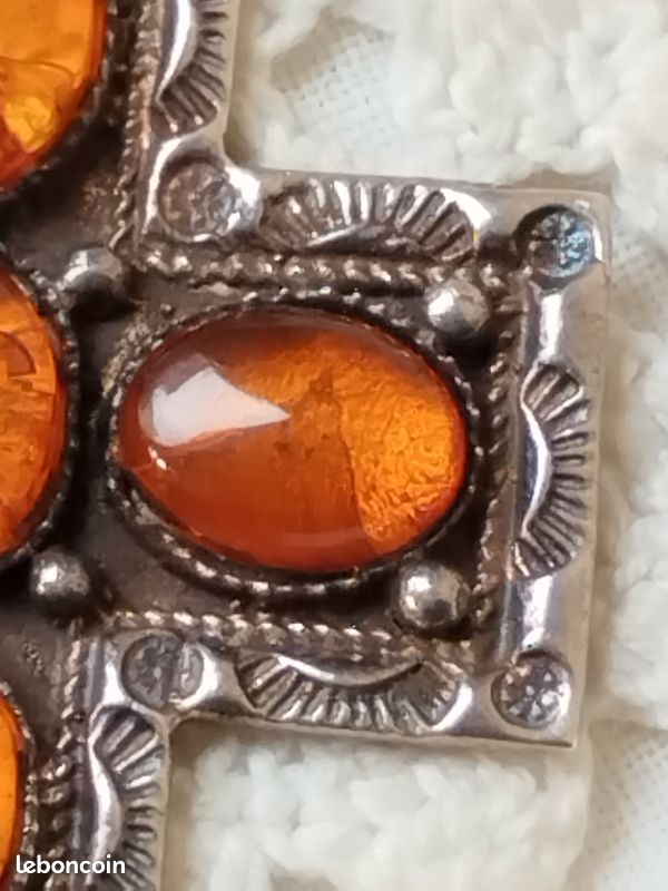 Pendentif Croix Ambre Multicolore Et Argent 925 Rhodié - Bijou Naturel Baltic Amber Croix Élégante