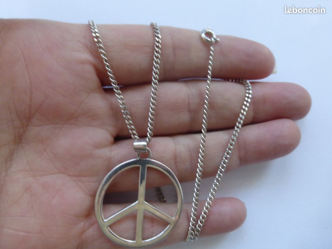Gros collier peace and love argent 925 3 poinçons 8,08gr tbé : chaine 45cm maille gourmette de 2mm, pendentif diamètre 2,1cm (image 1)