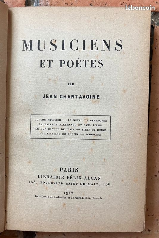 Musiciens et Poètes — Jean Chantavoine — Éditions Alcan 1912 — Livre ancien relié (image 3)