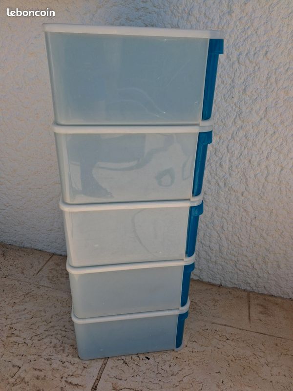 Tour tiroirs empilables rangement plastique bleu et blanc TBE (image 2)