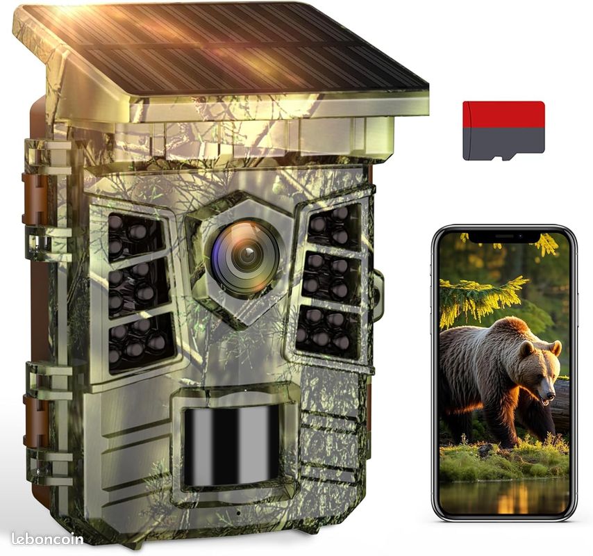 Caméra de Chasse Solaire WiFi 4K 60MP, 0,1s Temps de Déclenchement Activé par Mouvement, Camera Chasse à Batterie Rechargeable intégrée 2600 mAh, Vision Nocturne Infrarouge, Carte 32GB, IP66 (image 1)