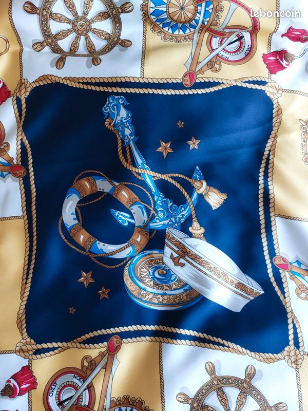 Foulard Carré En Soie Vintage – Bleu Marine – Motif Cordage – Italian Love Cruises – Femme