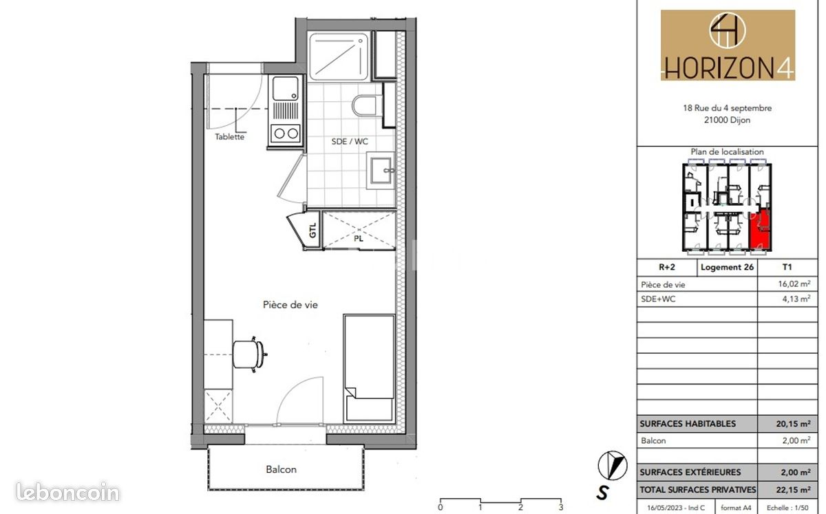 Appartement 1 pièce 20 m² · à Dijon · 20 m² · 535 €/mois