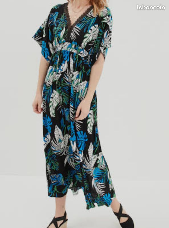Robe Longue Caftan Femme Taille 48 - En Chambray Rose, Longueur 1,50 M - Neuf Sans étiquettes, Style Décontracté été