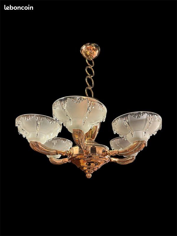 Lustre art déco en cuivre verrerie Ezan (image 1)