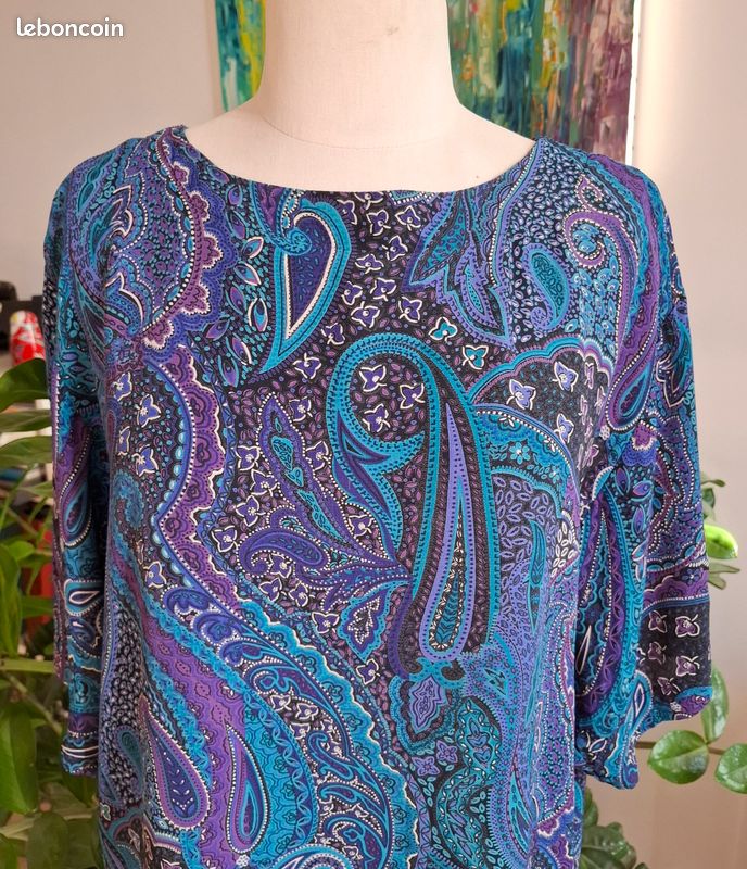 Sublime blouse vintage tons bleus, violets taille 44-46 (image 2)