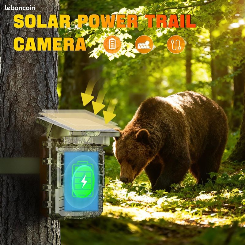 Caméra de Chasse Solaire WiFi 4K 60MP, 0,1s Temps de Déclenchement Activé par Mouvement, Camera Chasse à Batterie Rechargeable intégrée 2600 mAh, Vision Nocturne Infrarouge, Carte 32GB, IP66 (image 7)