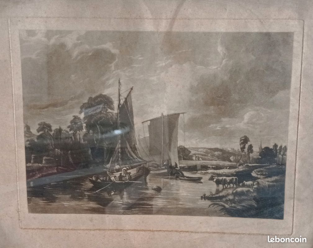 Gravure ancienne Marine encadrement avec marqueterie début XXème (image 3)