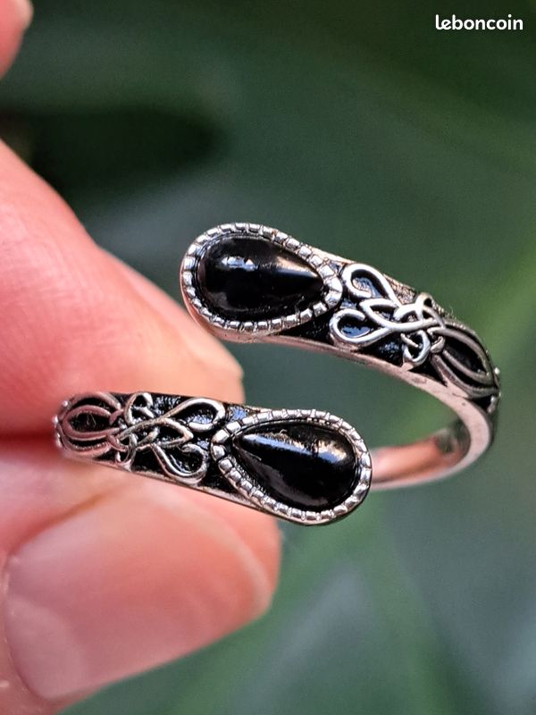 Bague ouverte réglable Argent S925 style Rétro pierre noire femme