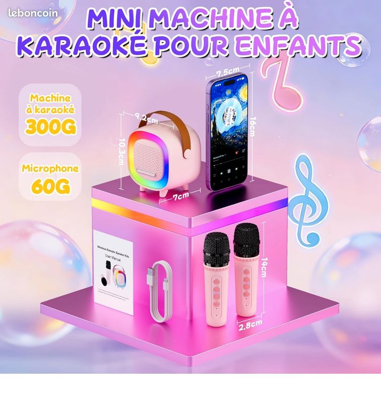 Micro Karaoké Enfant Sans Fil – Enceinte Bluetooth Avec 6 Modes Lumière Et 7 Effets Vocaux – Cadeau Noël Anniversaire – Rose