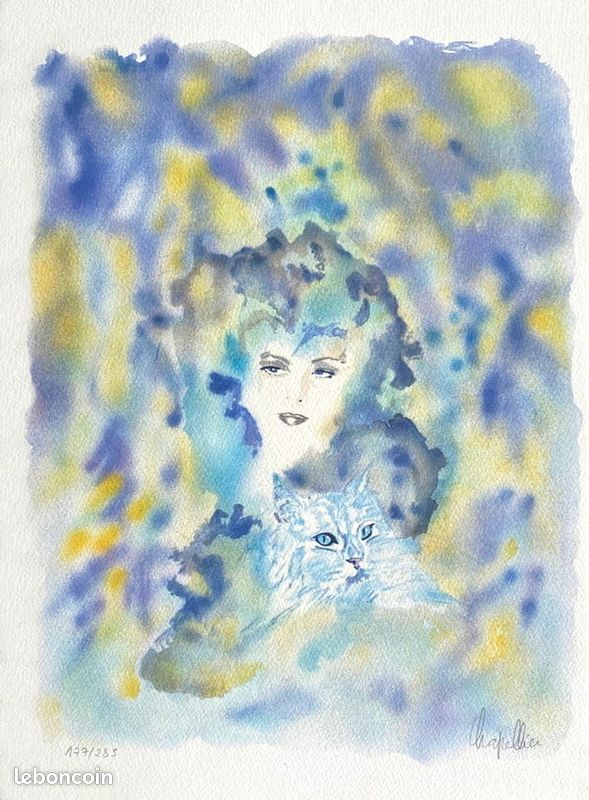 Cécile CHAPELLIER Jeune femme au chat blanc 1990 lithographie (image 1)