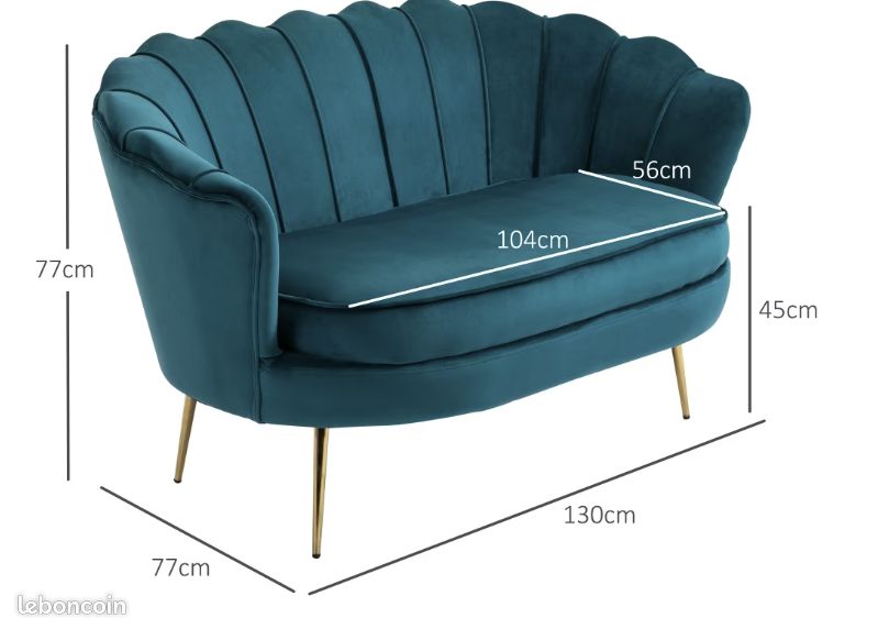 Canapé 2 places design coquillage pieds dorés velours bleu canard (image 2)