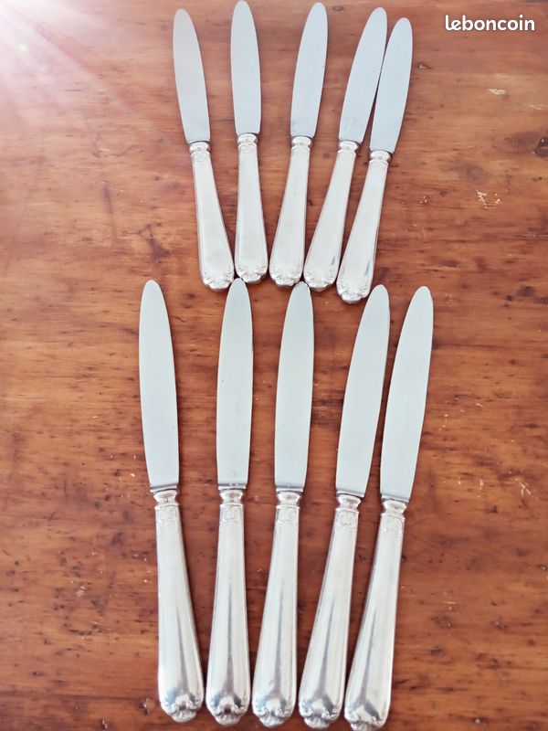 Lot De 9 Couteaux De Table En Métal Argenté Style Louis XV – Époque Rocaille, Design Marly, 25,5 Cm