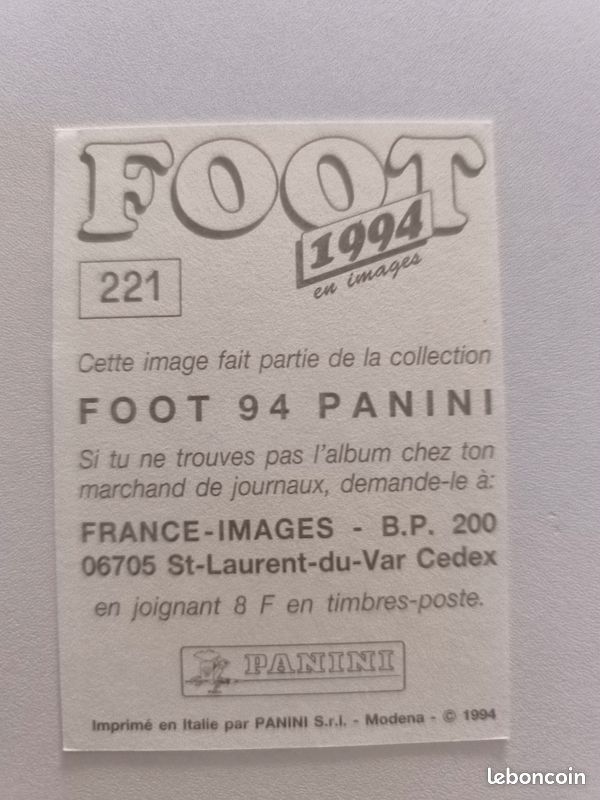 Carte Panini Laurent Fournier PSG 1994 - N°70 - Ligue 1 - état Quasi Neuf